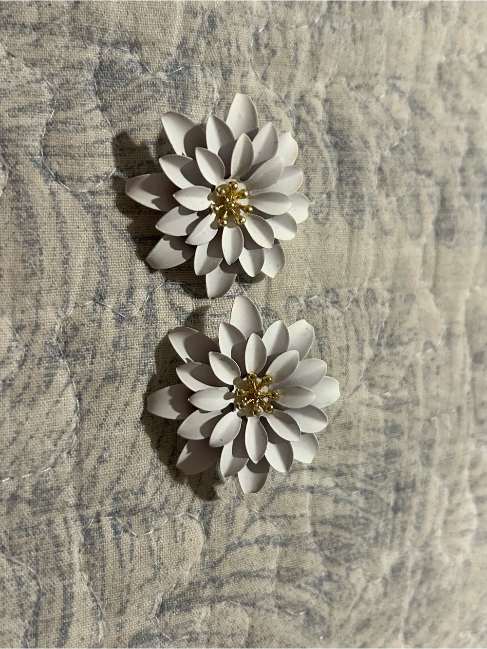 White Floral Statement Earrings with Gold Center